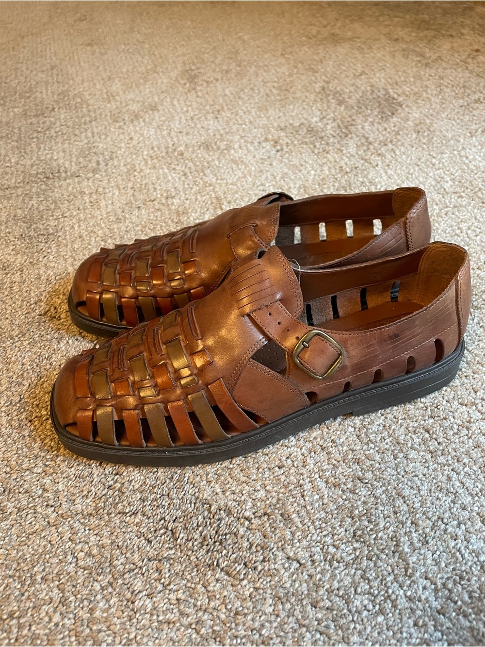 VTG Stacy Adams Men's Brown Leather Woven Fisherman Sandal with Buckle Size 10 M